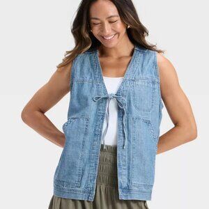 Universal Thread Denim Tie-Front Utility Vest In Medium Wash/NWT/L